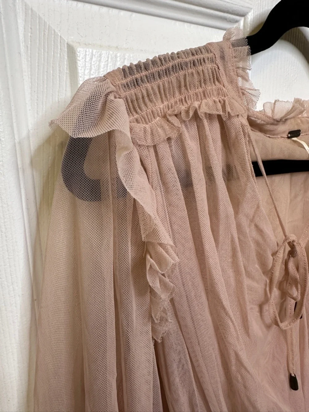 Free People Twyla Sheer Blouse Dusty Rose Pink Tie Front Ruffle Top Size S